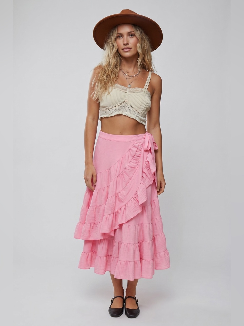 HYFVE Pink Ruffle Tie-Wrap Maxi Skirt